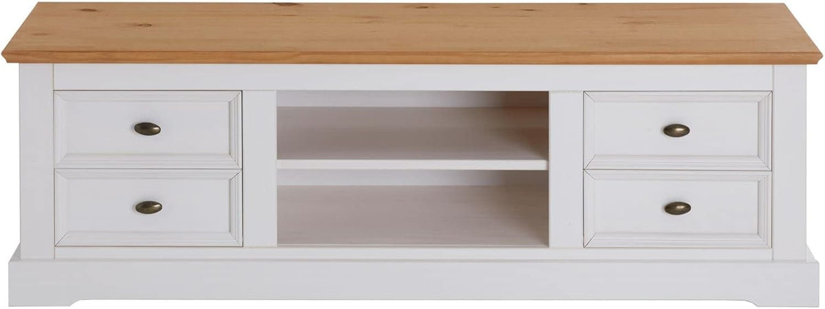 IDIMEX Meuble TV Kent L 144 cm en Bois Massif Blanc et Brun avec Rangement 4 tiroirs et 2 niches pour télévision jusqu'à 60 Pouces 144 x 46 x 45 cm