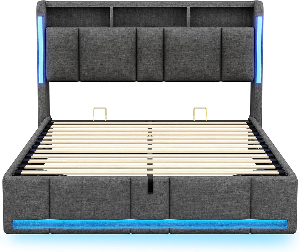 AOGLLATI Lit Coffre 140x190 CM, Lit Double avec LED et Ports USB, Cadre de lit avec Tête de Lit capitonné et Rangement, Lattes en Bois, Lin Gris Foncé sans Matelas