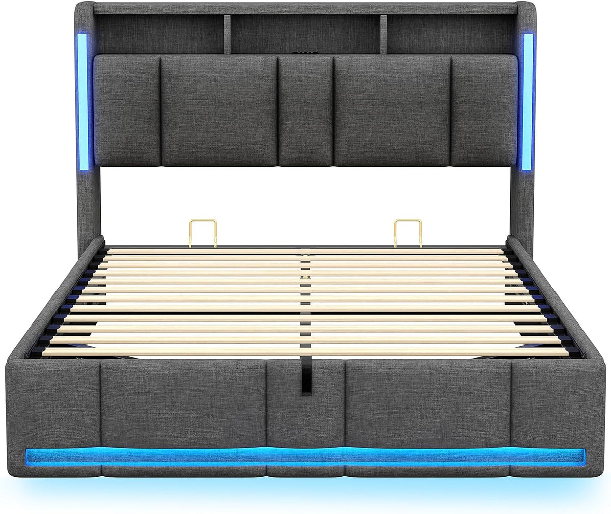 AOGLLATI Lit Coffre 140x190 CM, Lit Double avec LED et Ports USB, Cadre de lit avec Tête de Lit capitonné et Rangement, Lattes en Bois, Lin Gris Foncé sans Matelas