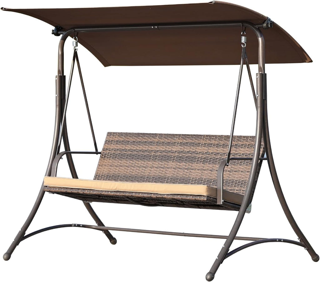 Angel Living Balancelle de Jardin 159T, avec Toit Marron et Chaise en rotin tissé, 170 x 110 x 153 cm 3 Places