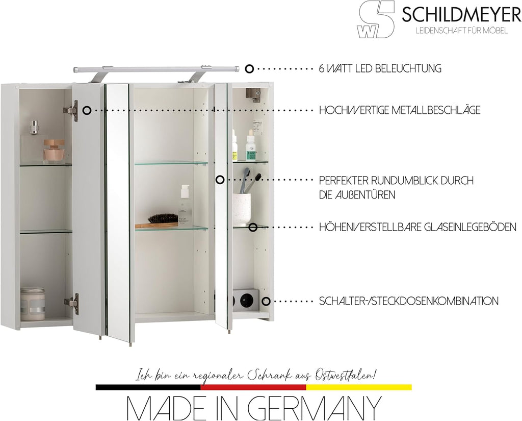 Schildmeyer 125353 Armoire De Toilette avec Miroir, Matériau Dérivé du Bois, Blanc, 80 x 75 x 16 cm