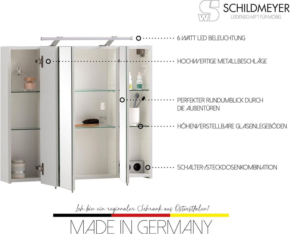 Schildmeyer 125353 Armoire De Toilette avec Miroir, Matériau Dérivé du Bois, Blanc, 80 x 75 x 16 cm