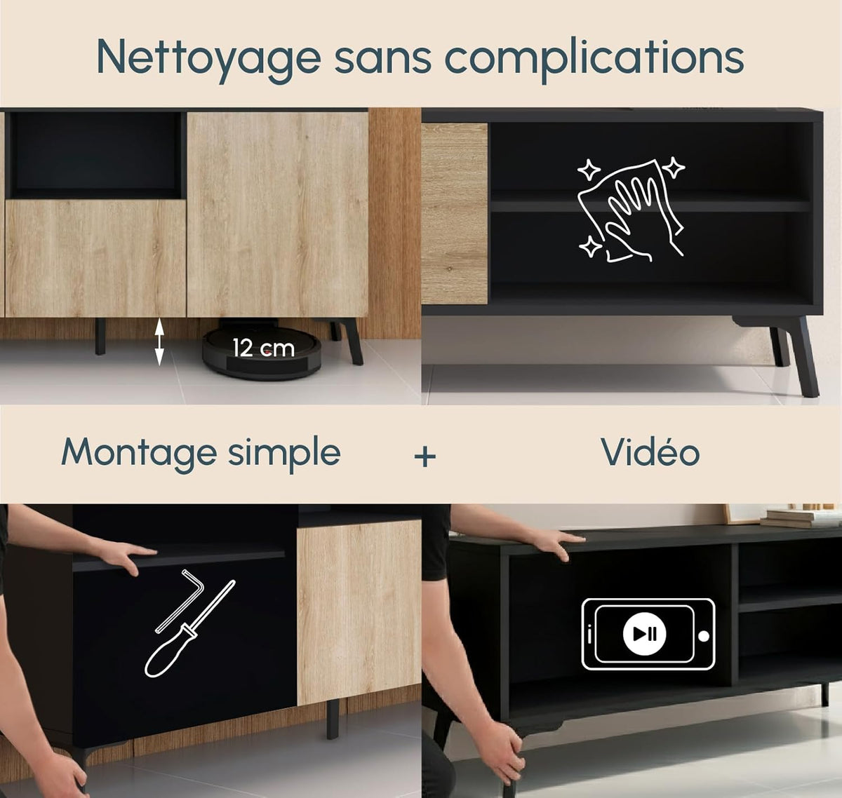 MB Muebles Bonitos, Ensemble de Meubles de Salon Kai avec Buffet et Meuble TV, Design Moderne, Mélamine Mate, Couleur Noir et Sonoma