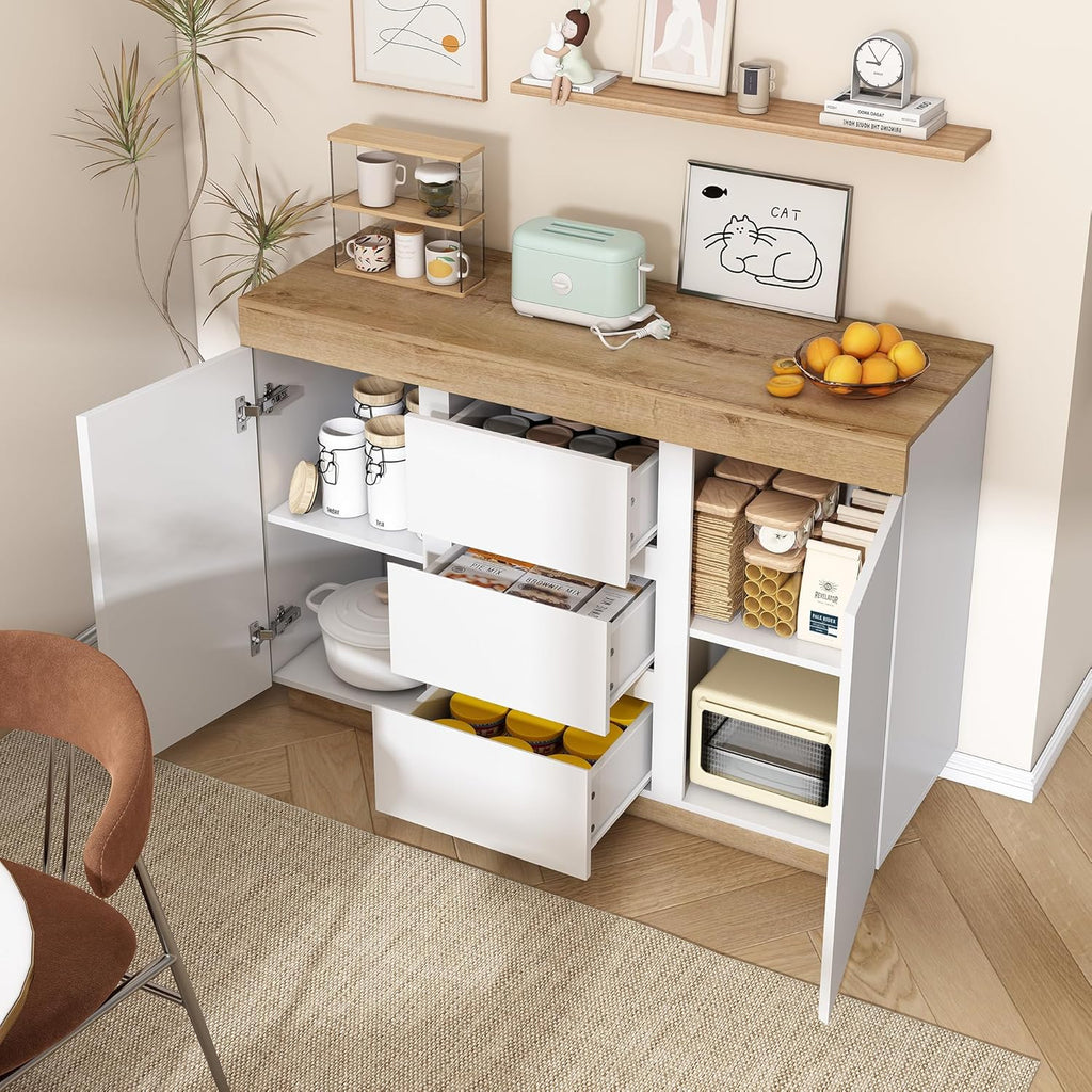 Merax Commode moderne avec 2 portes et 3 tiroirs pour salon, salle à manger et chambre à coucher, 120,5 x 40,2 x 82,5 cm, blanc et bois