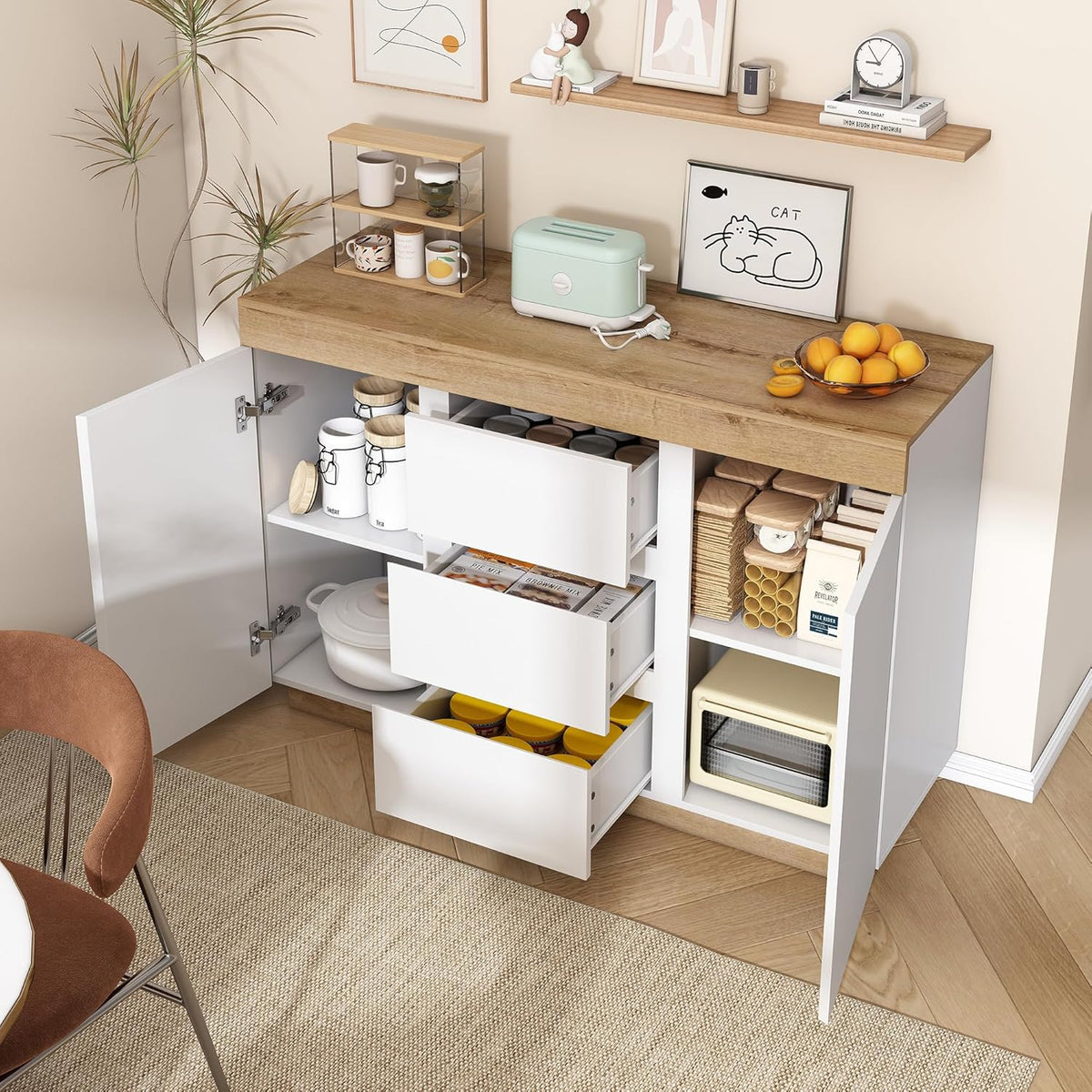 Merax Commode moderne avec 2 portes et 3 tiroirs pour salon, salle à manger et chambre à coucher, 120,5 x 40,2 x 82,5 cm, blanc et bois