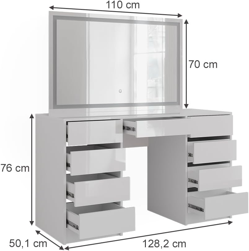 Vicco Coiffeuse Sherry, Blanc/Blanc Brillant, 128.2cm avec Miroir LED