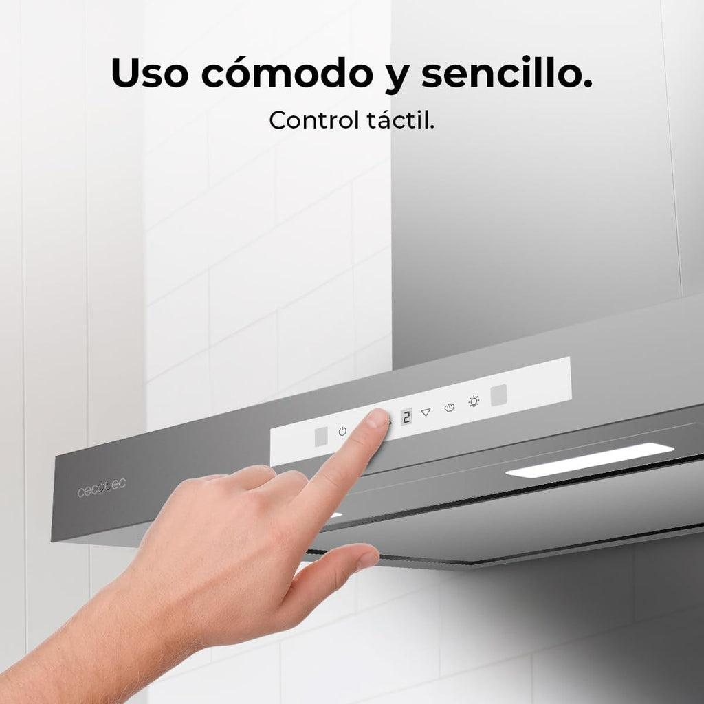 Cecotec Hotte aspirante Bolero Flux TT 908000. Hotte aspirante de 90 cm, inox, 800m3/h, moteur 210W, classe A++, écran tactile glass white, 3 niveaux, filtre charbon.