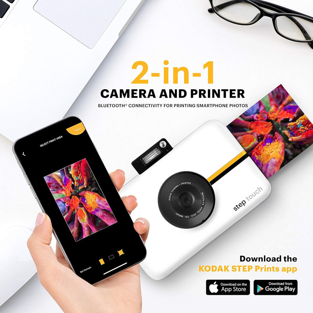 KODAK Step Touch Appareil Photo instantané avec écran Tactile LCD de 3,5 Pouces Blanc Bundle : étui, album, marqueurs, paquet de 20 papiers Zink, autocollants