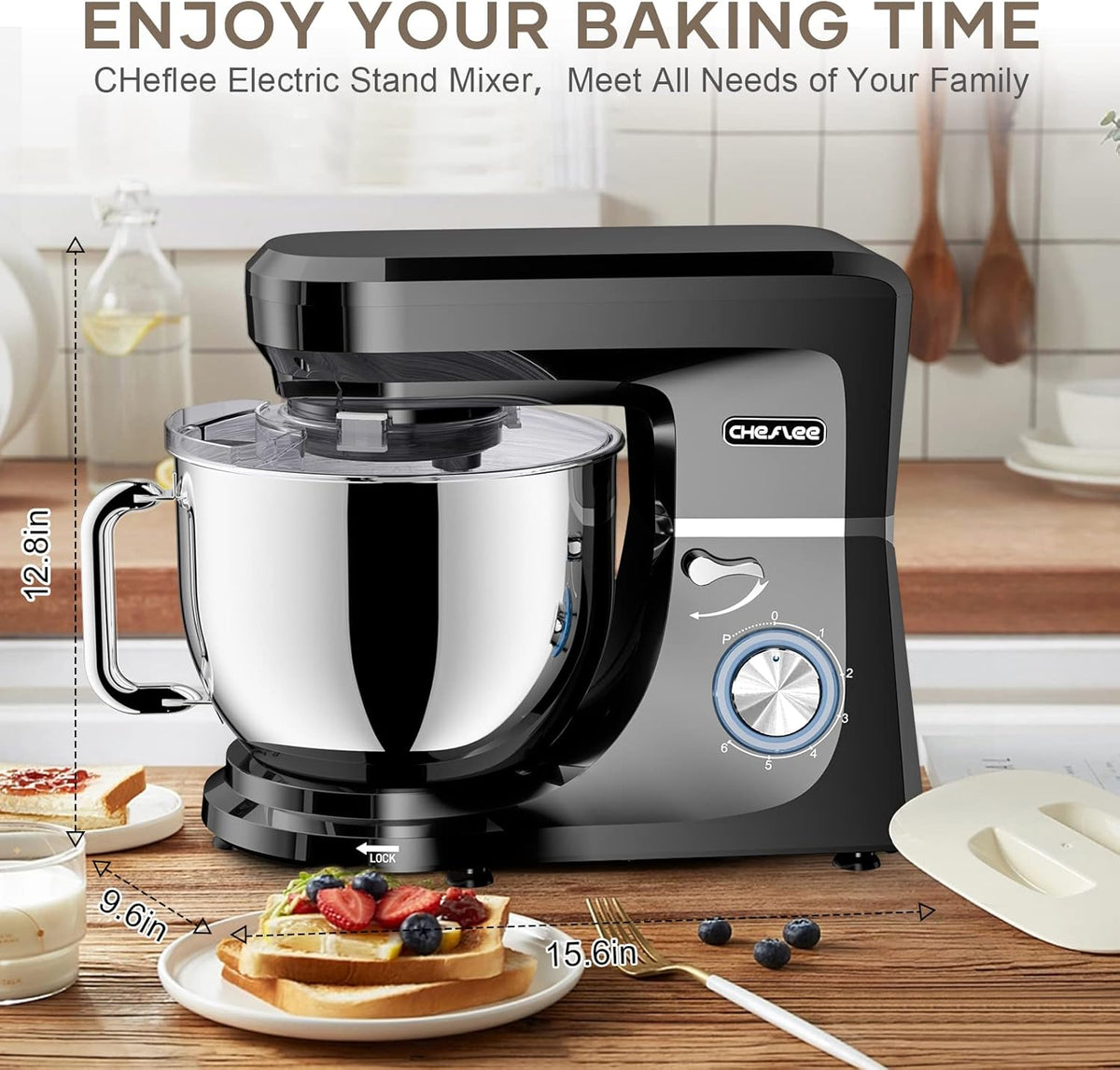 CHeflee Robot Pâtissier 2000W Robot de Cuisine 7.2 L Bol d'Acier Inoxydable,6 Vitesses avec Fonction Pulse avec Fouet Crochet Pétrisseur et Batteur,Housse anti-Poussière