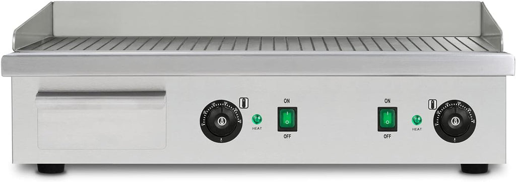 vertes Plancha Électrique Professionnelle 4400W en Acier Inoxydable Surface de Gril avec Rainures 74x41cm, 2x Thermostat, 2x Température 50-300C, Protection Contre les Éclaboussures