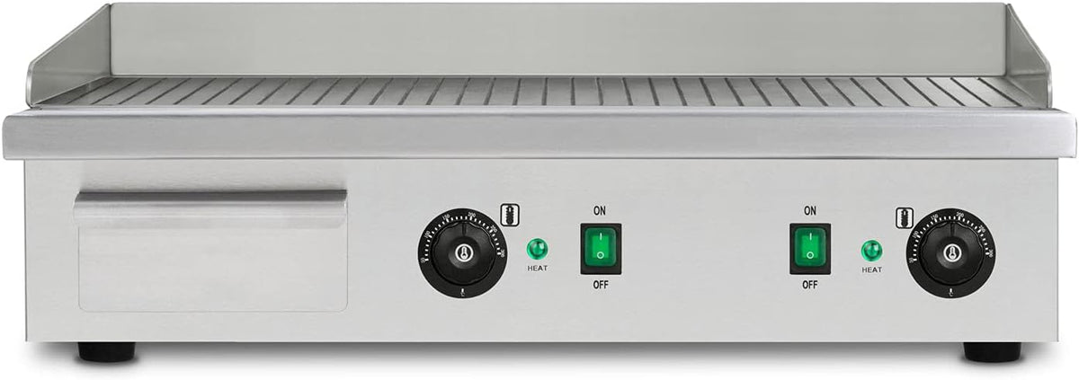 vertes Plancha Électrique Professionnelle 4400W en Acier Inoxydable Surface de Gril avec Rainures 74x41cm, 2x Thermostat, 2x Température 50-300C, Protection Contre les Éclaboussures