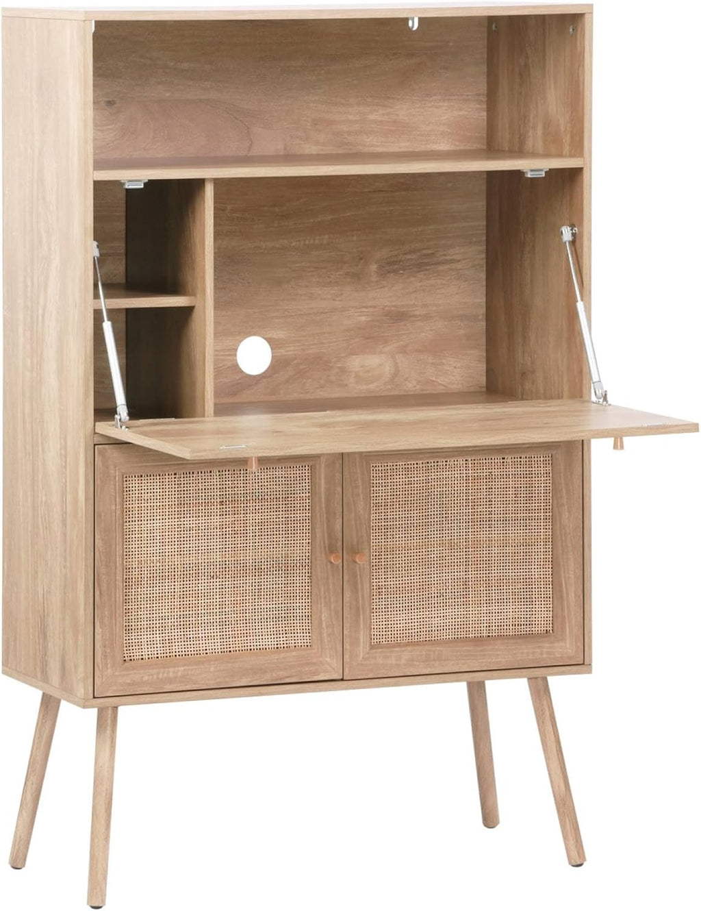 sweeek - Bureau secrétaire. 2 Portes en cannage. étagères. décor Bois. Pieds en Bois de Sapin