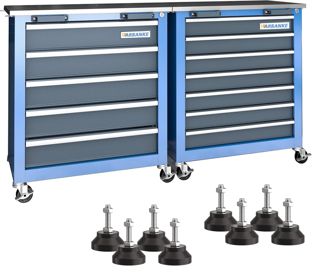 LARBANKE Commode à outils combinée à 12 tiroirs avec plan de travail en acier inoxydable, système de verrouillage, meuble de rangement à outils avec roulettes et pieds rembourrés