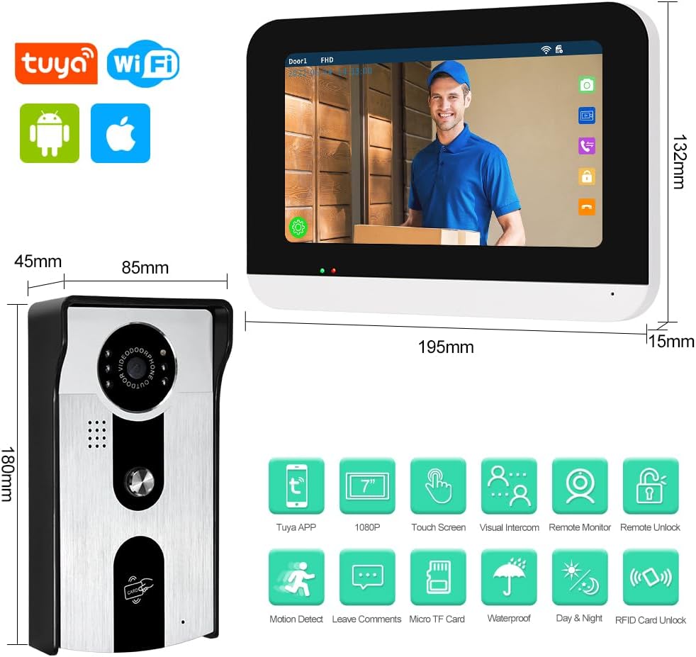 Wifi Tuya Accueil Vidéo Sonnette Interphone Système 7 Pouces Couleur écran Tactile Affichage Intérieur + 1080P HD RFID Caméra Extérieure IR Vision Nocturne