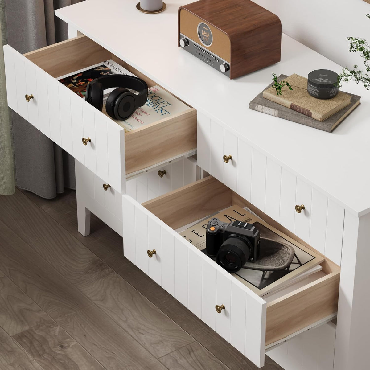 FOREHILL Commode avec 6 Tiroirs Commode Chambre Adulte Grande Commode Blanche Meuble de Rangement pour Salon Moderne en Bois 133x45x79.5cm