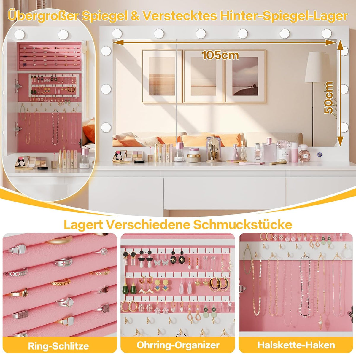 Airfish Coiffeuse avec 12 Ampoules LED et Grand Miroir, Éclairage Réglable, 120x40x140cm, Table de Maquillage avec Multiprise, Rangement pour Bijoux Derrière Le Miroir et 7 Tiroirs