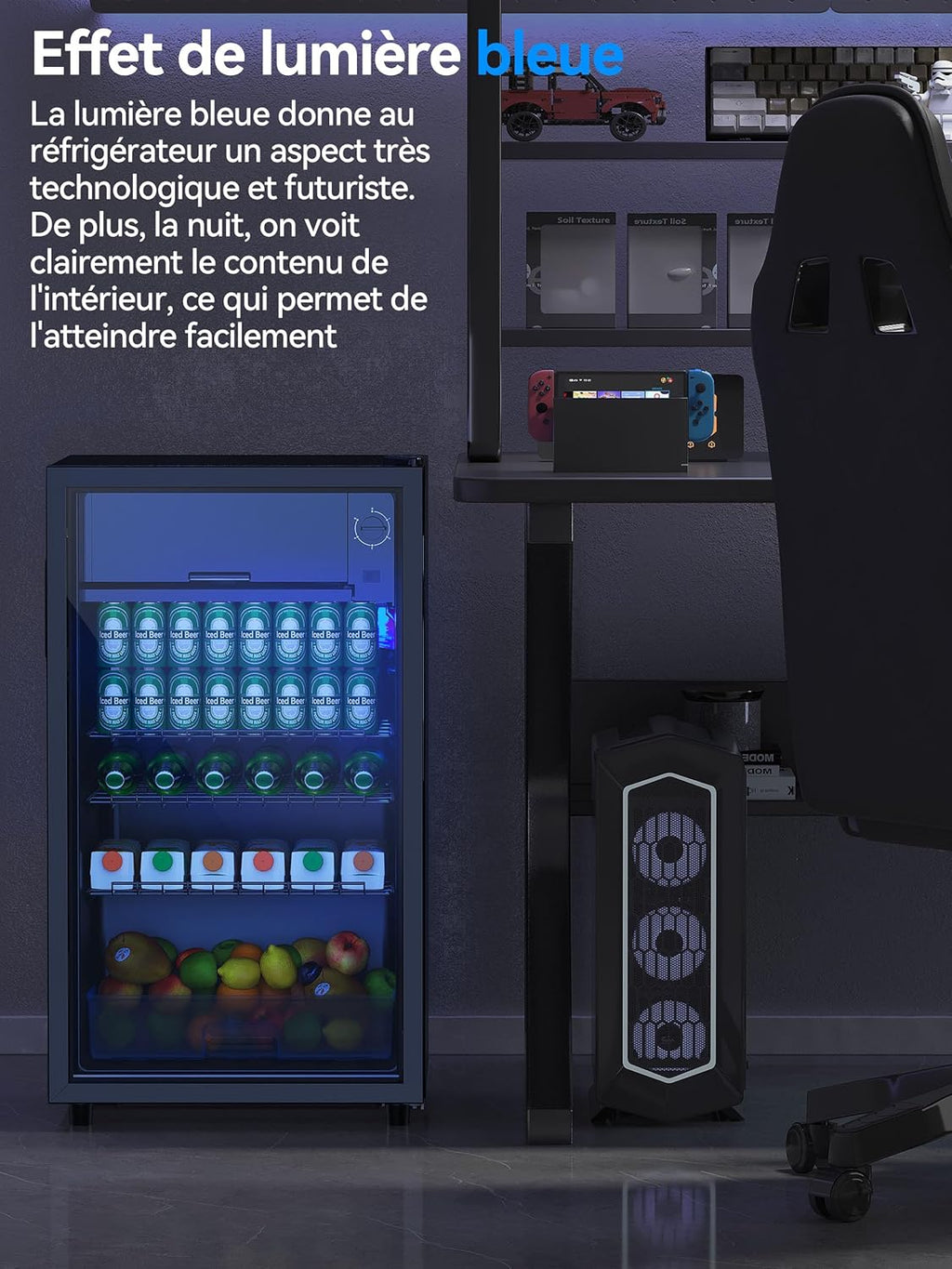 Devoko Frigo à boissons 93 L à porte en verre - Mini frigo avec lumières LED RGB et étagères ajustables pour un usage intérieur/extérieur. Le réfrigérateur parfait pour votre maison, bureau, bar ou fê