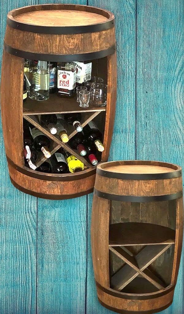 weeco Bar en tonneau en Bois avec casier à vin en X - Meuble Bar Rustique pour Bouteilles - Fût-Bar décoratif - Armoire à liqueurs - 80x50x44cm Marron foncé