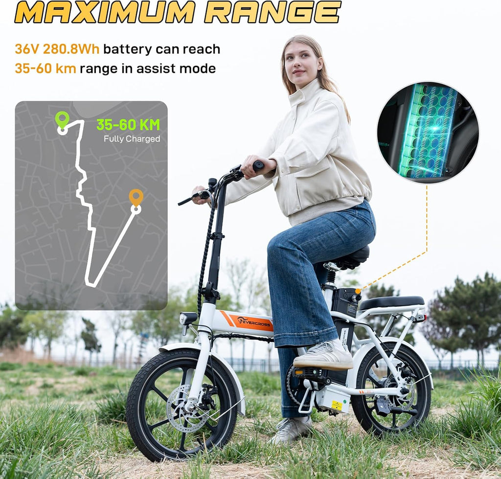 EVERCROSS Vélo Electrique pour Adultes, 16''/20" Vélo Electrique à Gros Pneus, 250W E Bike,Jusqu'à 25KM/H, 36V/48V Batterie Amovible, Vélo Tout-Terrain Electrique pour la Neige de Montagne
