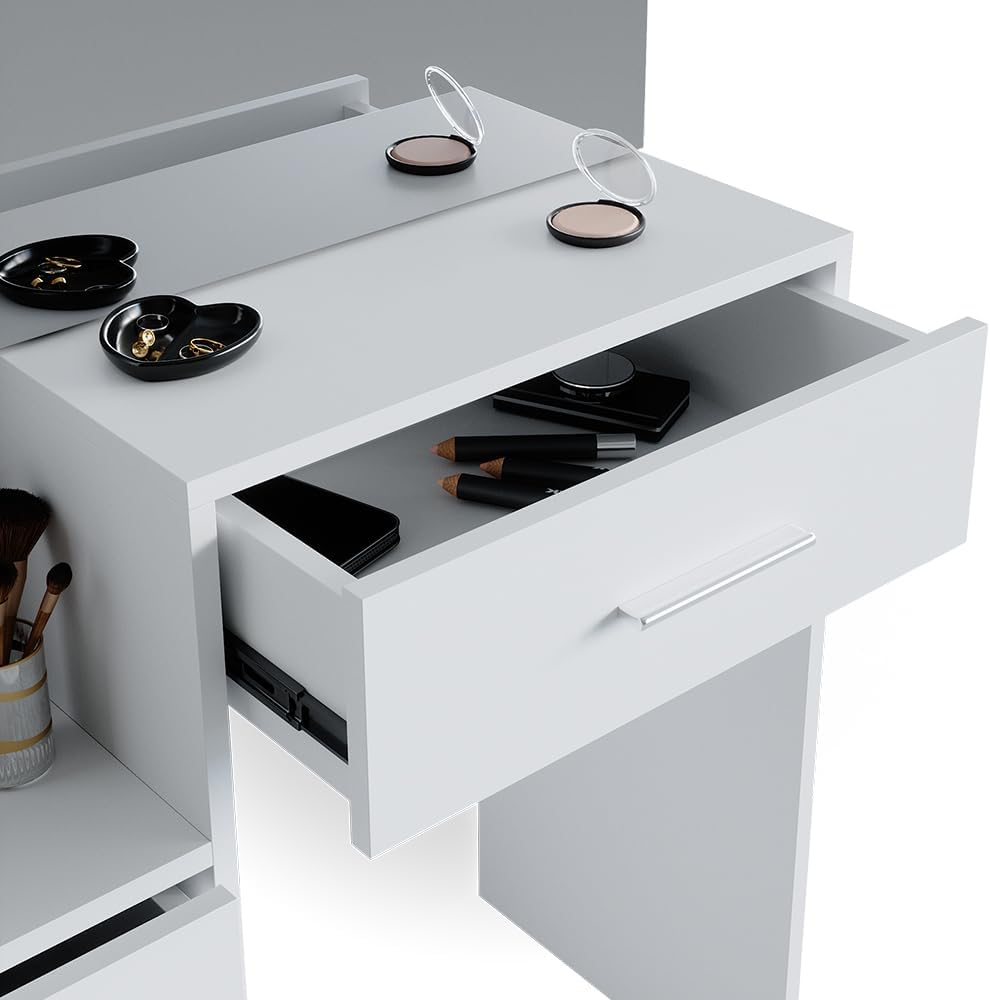 Vicco Coiffeuse Conrada, Blanc, 80cm avec éclairage LED et Tabouret