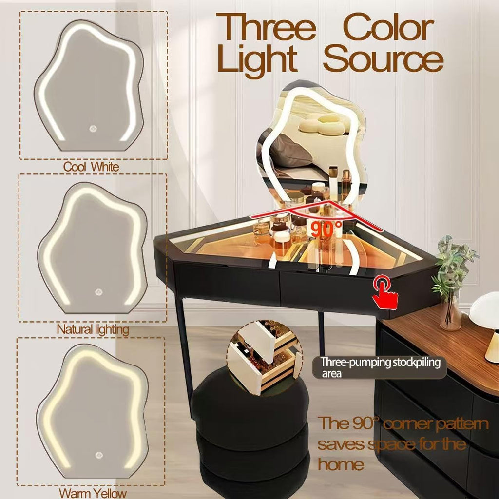 Generisch Ensemble de coiffeuse d'angle avec tabouret, table de maquillage avec 3 éclairages LED réglables/5 tiroirs, table de maquillage en L pour la chambre à coucher, 80 cm Noir