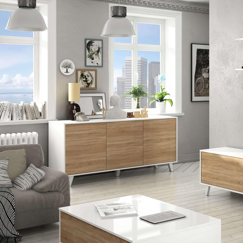 Habitdesign modèle Zaiken Plus Buffet, salon salle à manger 3 portes, blanc brillant et chêne canadien, dimensions : 154 x 75 x 41 cm (l x H x P).