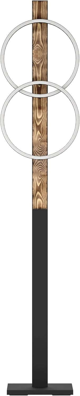 Eglo Lampadaire LED Boyal, luminaire intérieur à pied avec 2 cercles lumineux, lampe de salon rustique en bois flambé et métal noir, éclairage blanc chaud, 150 cm