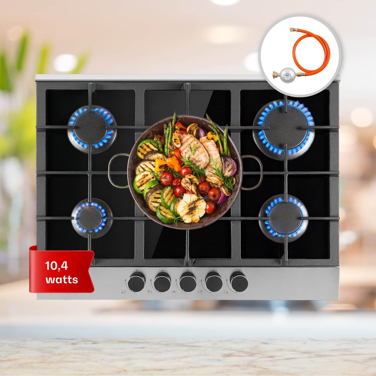 Klarstein 10.4 kW Inox Plaque de Cuisine Gaz Encastrable 5 Feux, Table de Cuisson à Gaz 5 Brûleurs, Piano Gaz en Acier Inoxydable