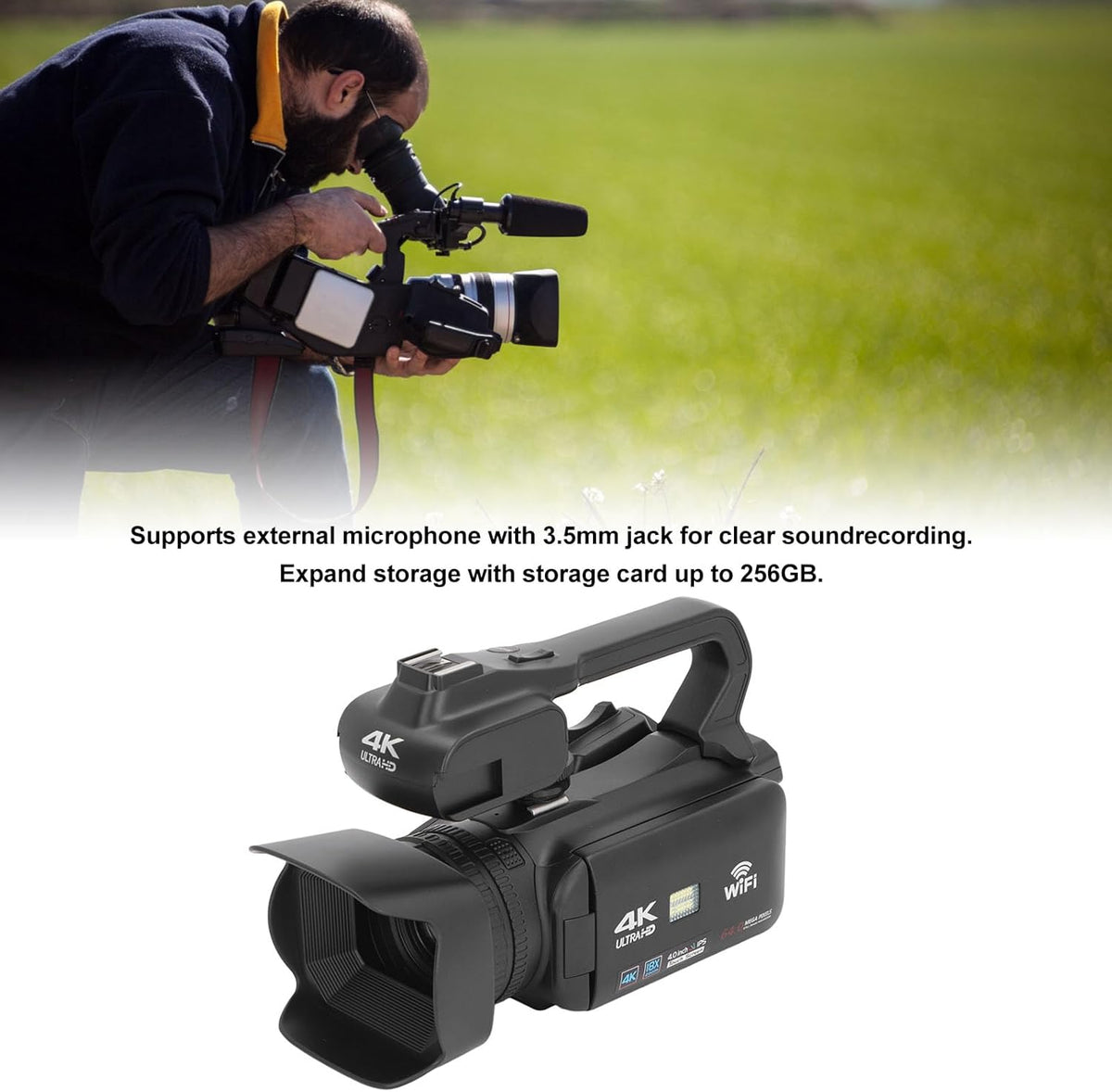 ciciglow Caméscope Numérique, Caméscope Vidéo WiFi à écran Tactile IPS de 4 Pouces avec Lumière de Remplissage à Distance pour la Photographie
