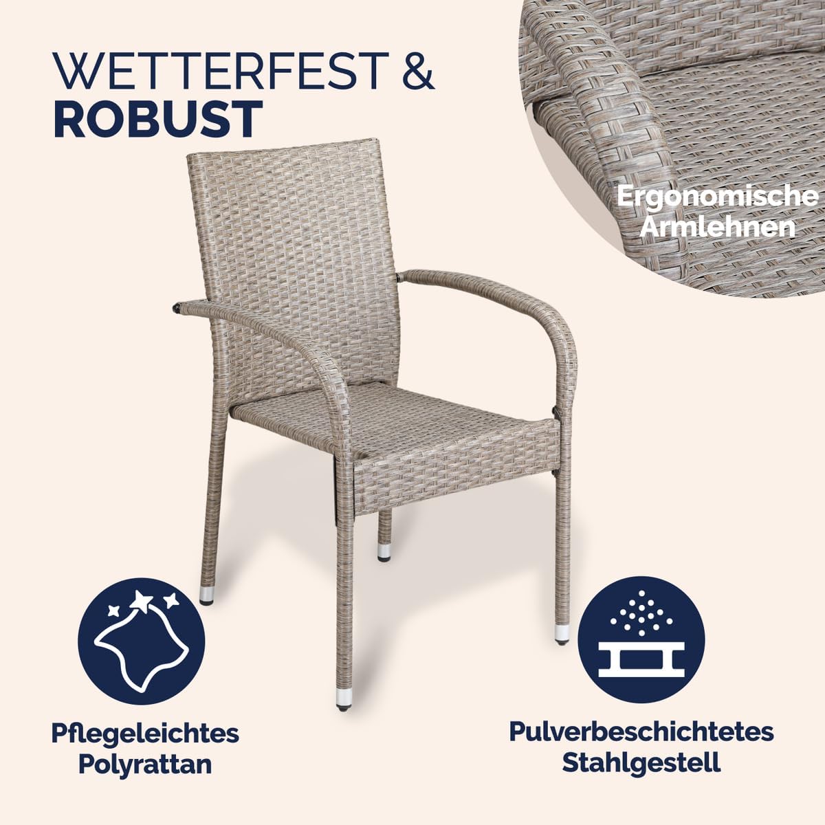 Casaria® Lot de 8 chaises de Jardin crèmes empilables polyrotin accoudoirs arrondis Fauteuil extérieur terrasse Balcon