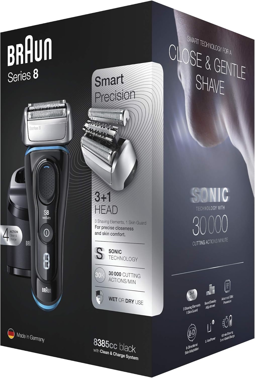 Braun Series 8 8385cc Nouvelle Génération, Rasoir Électrique Barbe Homme, Station Clean&Charge, Étui Tissu, Noir, Idée Cadeau Homme