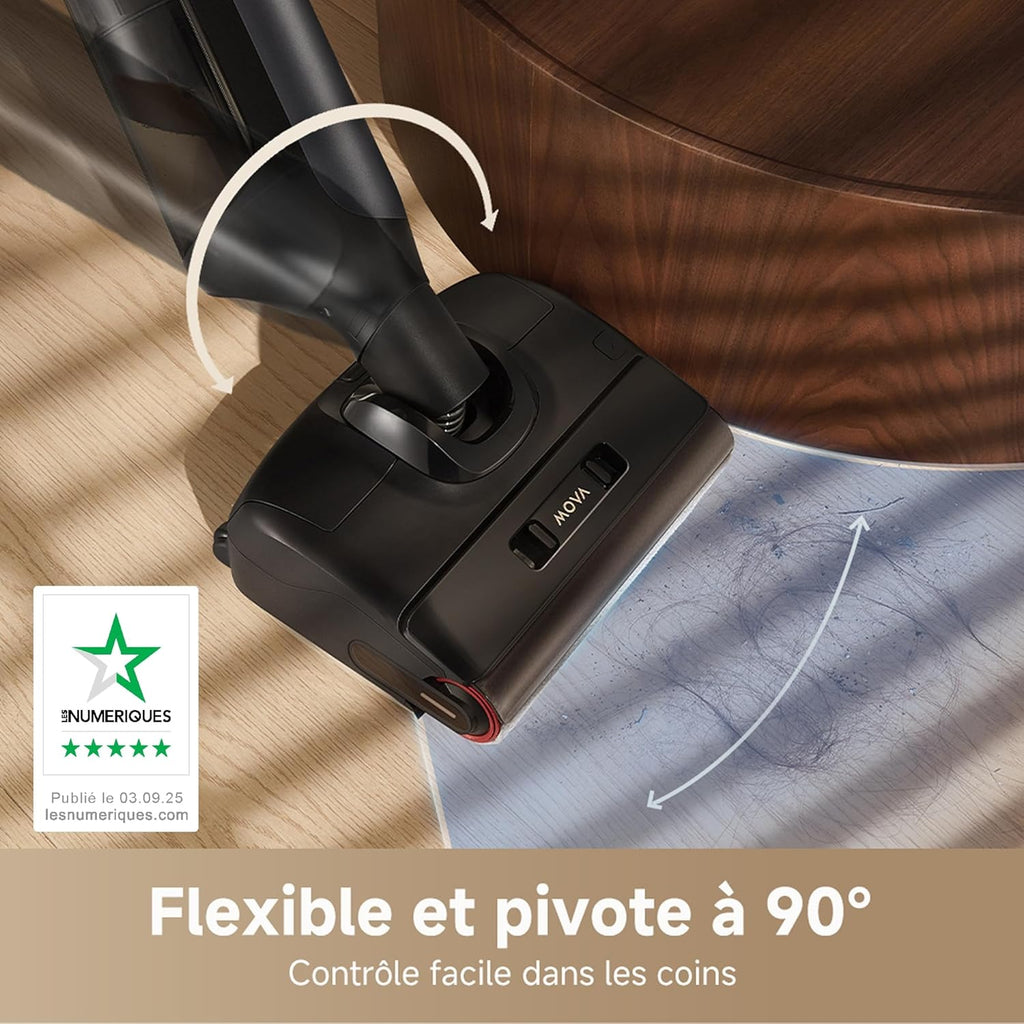 Mova M10 Aspirateur eau et poussière, portée à plat de 180°, flexible et pivotant à 90°, poids de 0,9 kg en main, lavage de brosse 75 °C + séchage air chaud 5 min, anti-anchevêtrement,aspiration 18kPa