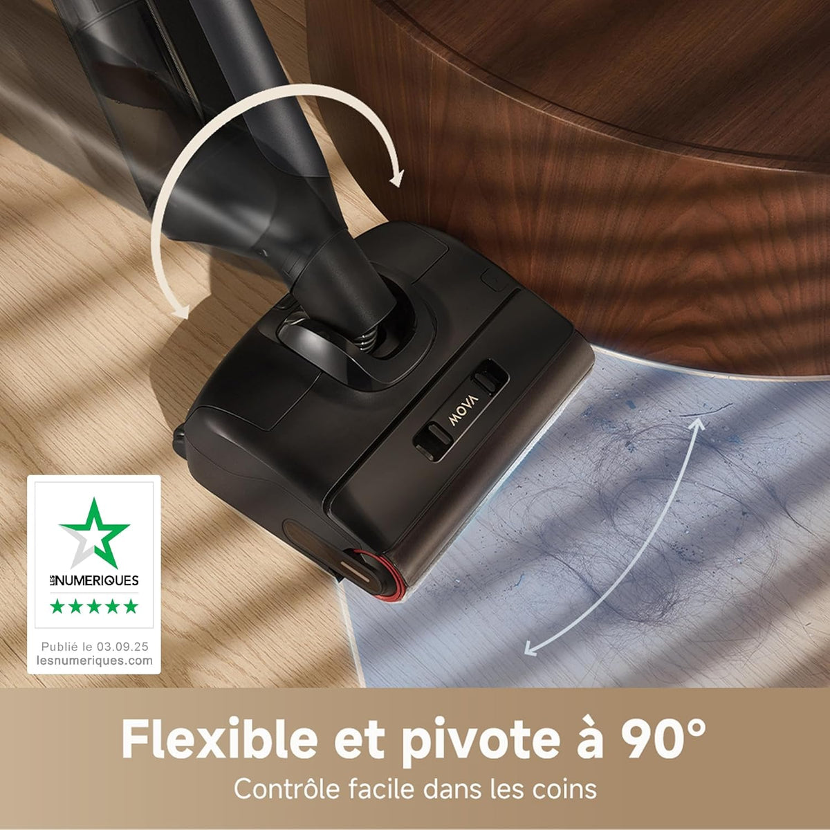 Mova M10 Aspirateur eau et poussière, portée à plat de 180°, flexible et pivotant à 90°, poids de 0,9 kg en main, lavage de brosse 75 °C + séchage air chaud 5 min, anti-anchevêtrement,aspiration 18kPa