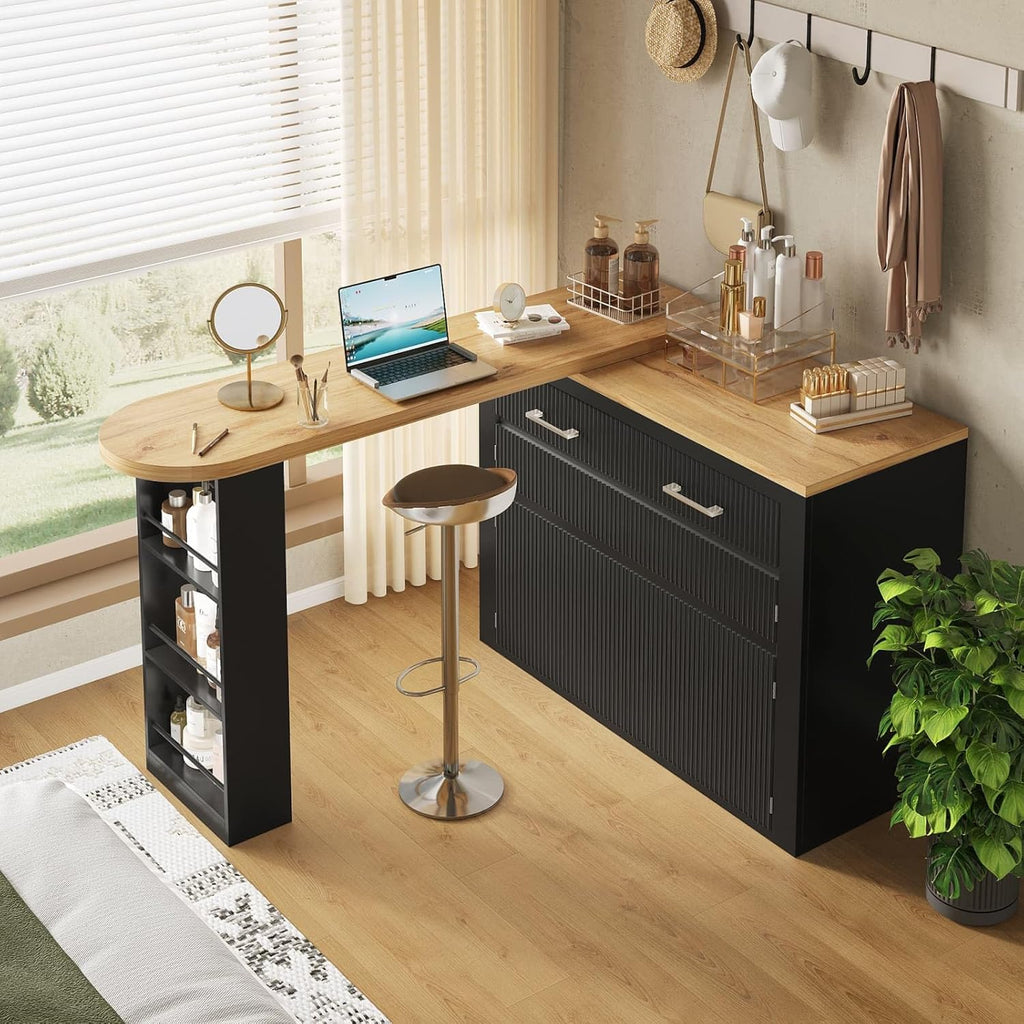 KOMHTOM Table de Bar Extensible avec Espace de Rangement, Meuble Bar avec 2 Portes en Verre, Rotation Libre à 360 °, étagères latérales (Noir-3)
