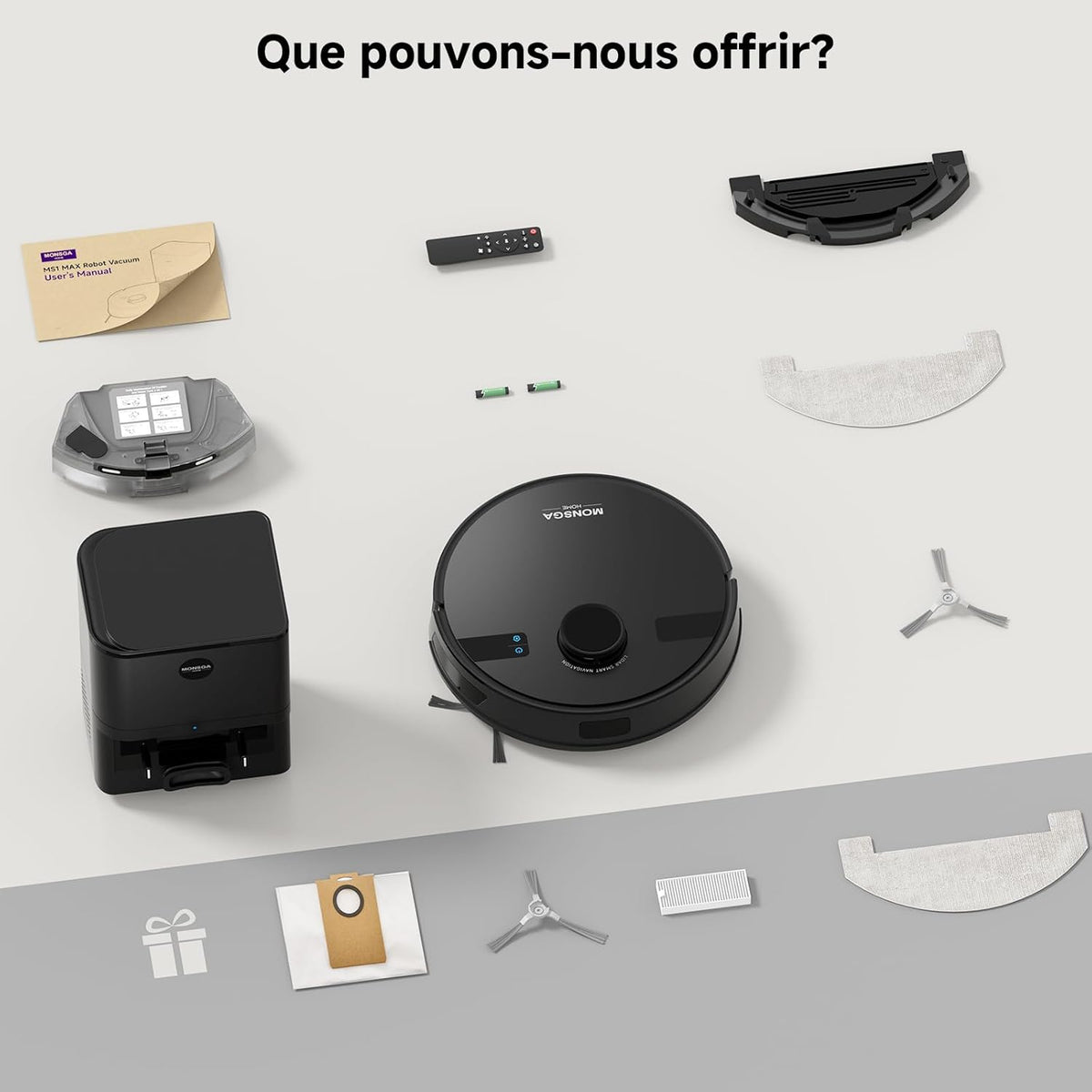 MONSGA Aspirateur Robot Laveur 5000Pa Aspiration avec Station & 3.5L Collecteur de Poussière, 180min, Navigation LiDAR & Cartographie, Idéal pour Tapis Poils d'animaux, App