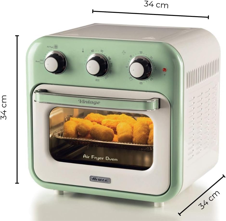 Ariete Vintage, 4632 Friteuse et Four 2en1, Capacité 16 L, Paniers et Rôtisserie en acier inoxydable, Température jusqu'à 230°, Minuterie 60 minutes, Double Verre, 1400W, Vert