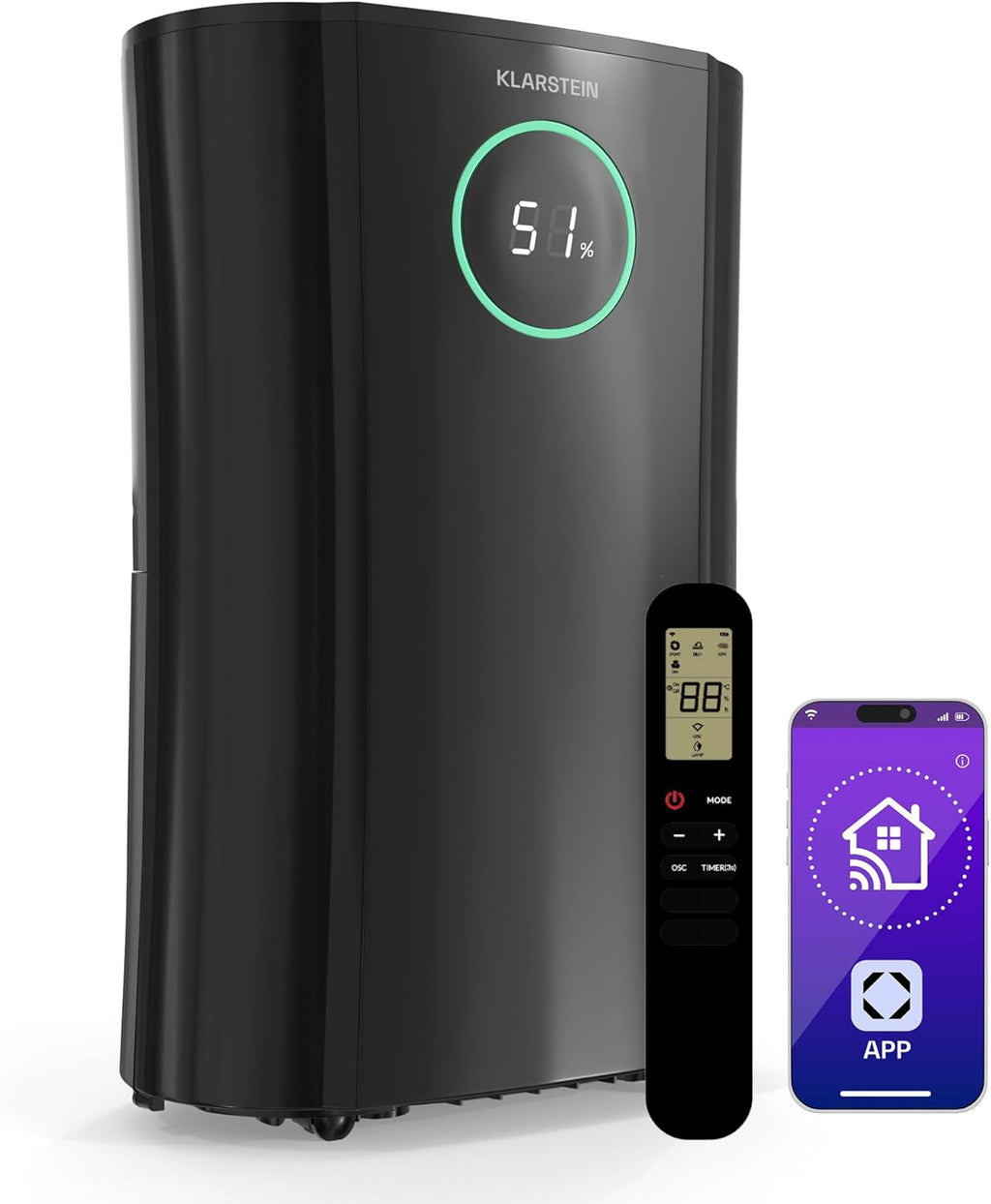 KLARSTEIN DryFy ProConnect 24L Déshumidificateur Smart, Wi-FI, 24h Minuterie, Filtre Charbon Actif, Silencieux, Réservoir 4L, Portable, pour Maison & Bureau, Jusqu'à 36m², Noir
