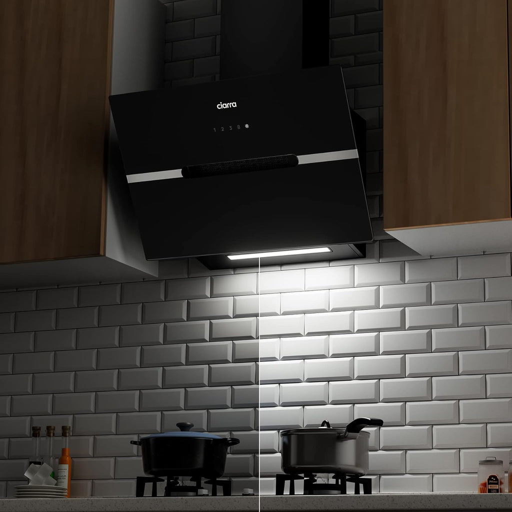 Ciarra CBCB6736F Classe A+++ Hotte Aspirante Inclinée 60cm - 650m3/h - Commande Tactile et Wi-Fi - Fonction Boost - Design en Verre Élégant - Noir