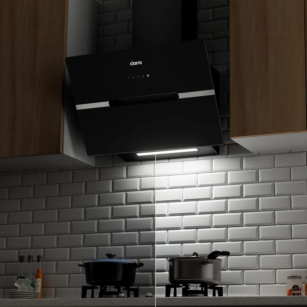 Ciarra CBCB6736F Classe A+++ Hotte Aspirante Inclinée 60cm - 650m3/h - Commande Tactile et Wi-Fi - Fonction Boost - Design en Verre Élégant - Noir