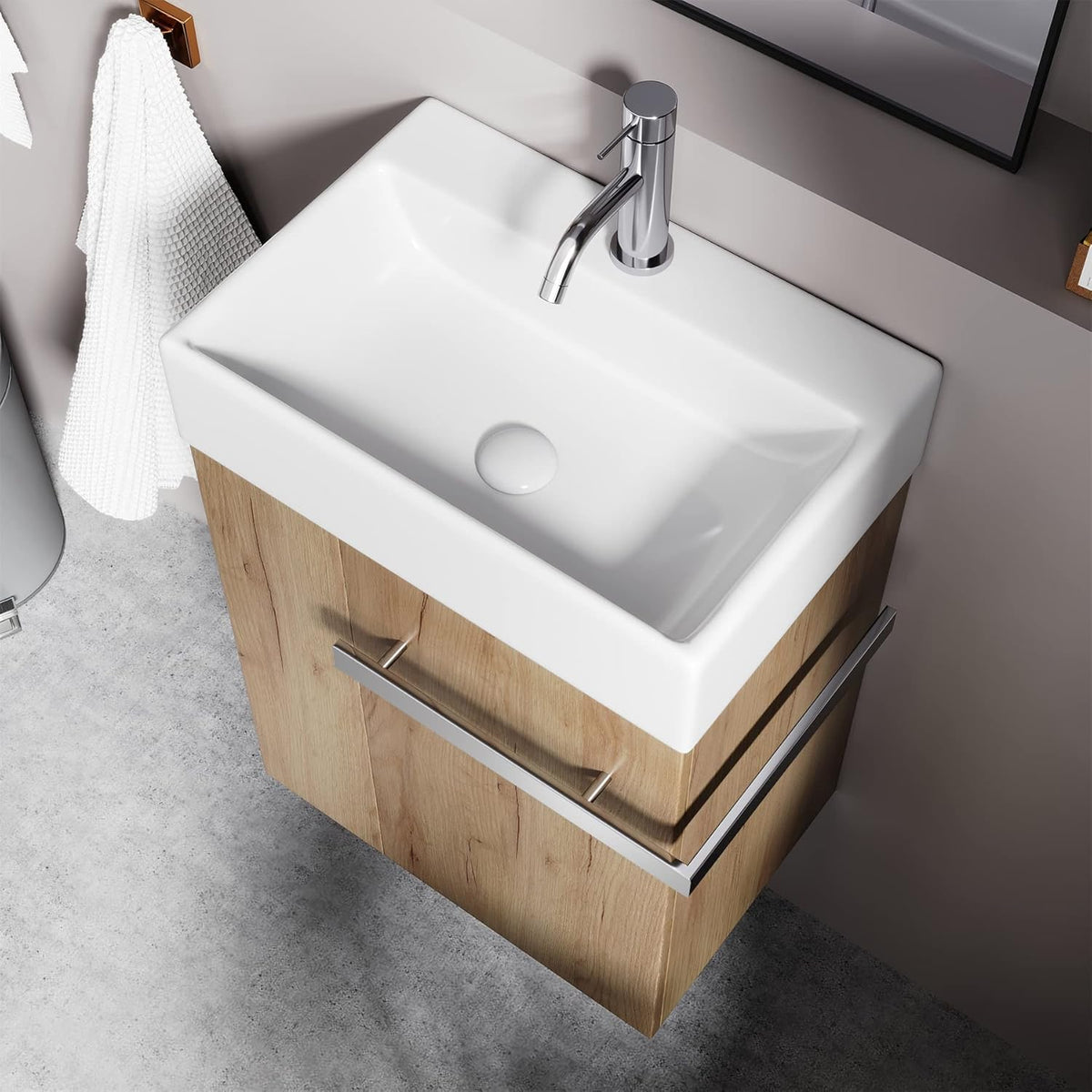 BRIDGE BENO Meuble De Salle De Bain De 50 cm avec Lavabo en Céramique, Tiroir À Fermeture Douce, Poignée Porte-Serviettes, Option Gauche/Droite, European Oak