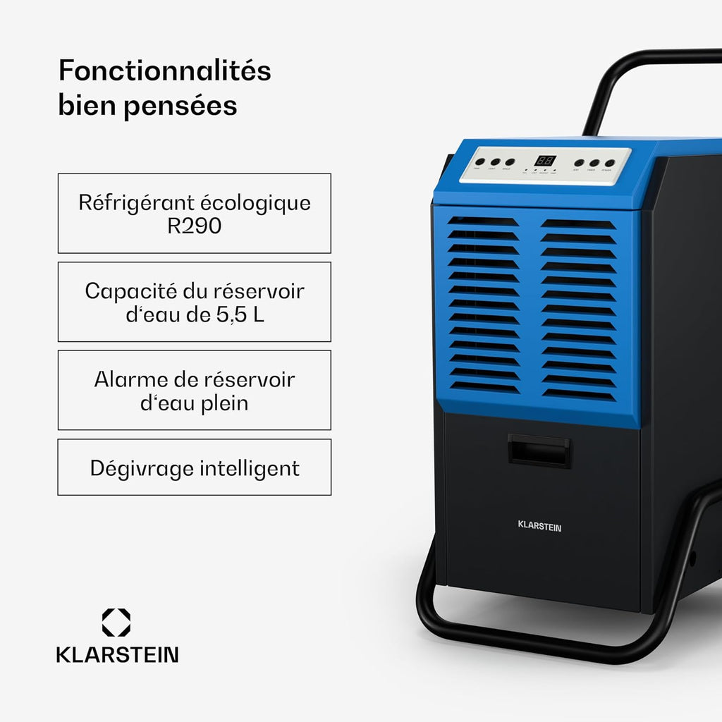 Klarstein DuraDry 50L déshumidificateur d'air, 52 dB, réservoir de 5,5L, minuterie 24h, dégivrage auto, filtre lavable, portable, déshumidificateur électrique pour grands espaces, sous-sols, entrepôts