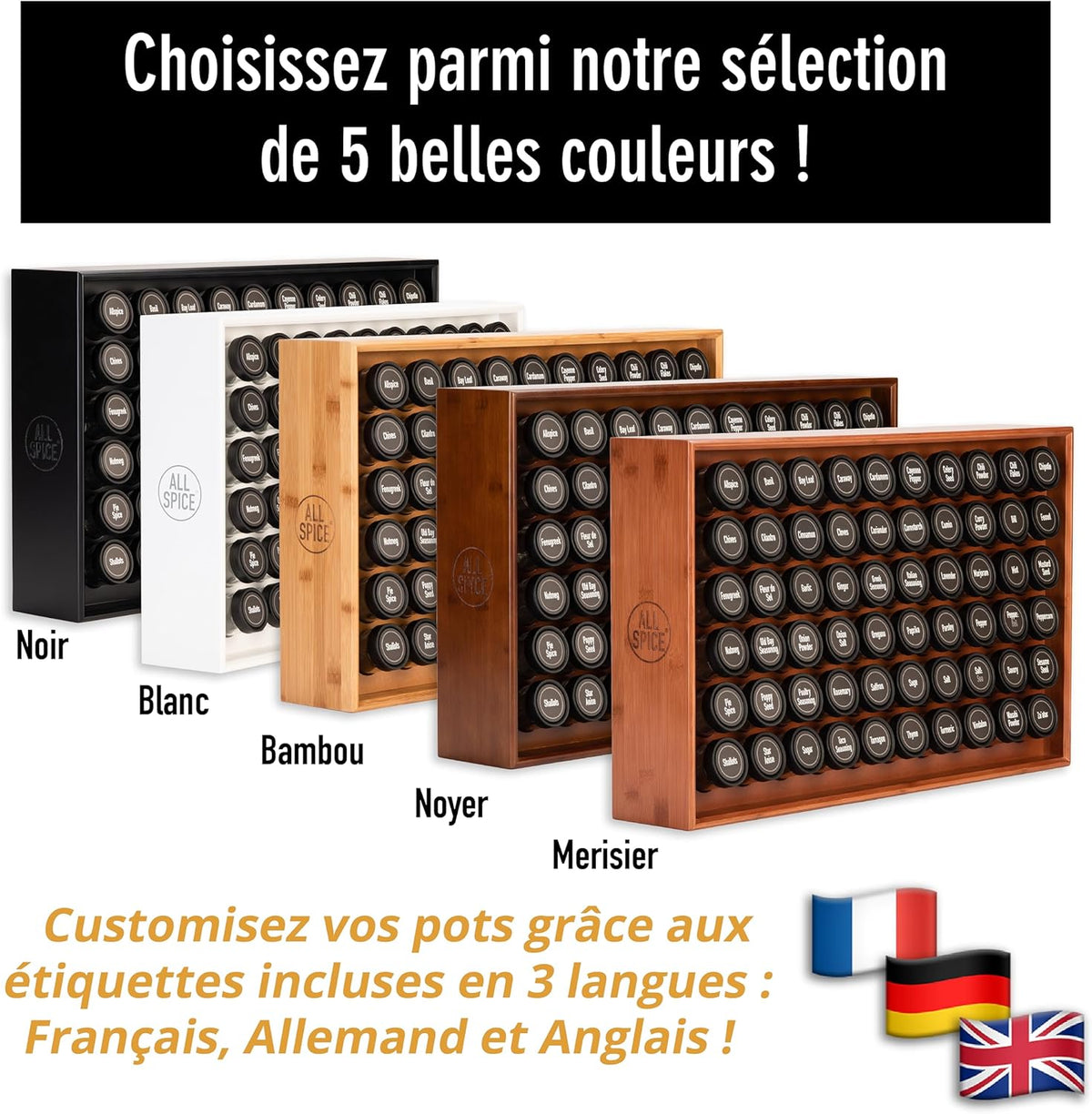 AllSpice étagère à épices en bois noir mat, comprend 60 pots en verre, étiquettes et accessoires