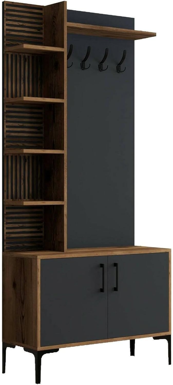 Dmora - Meuble d'entrée Calista, Crochet d'entrée, Composition pour l'atrium, Console de Rangement Multifonction, 90x35h200 cm, Noyer et Anthracite