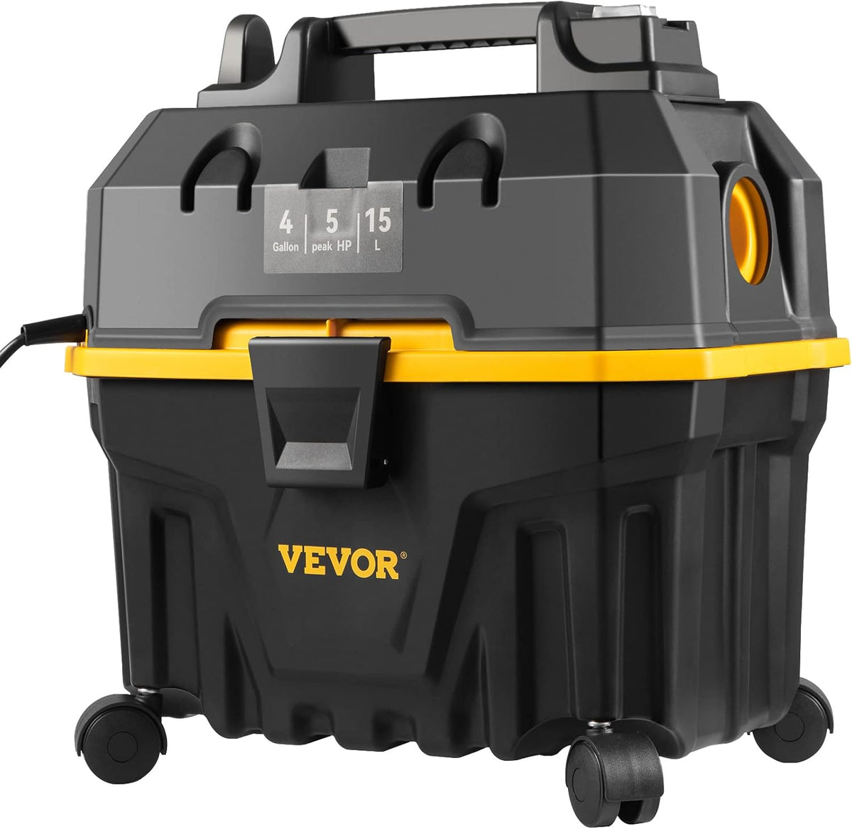 VEVOR Wet & Dry, 4 gallons, 5 Peak aspirateur 3 en 1 avec fonction de soufflage, accessoires portables de nettoyage des sols, tissus d'ameublement, lacunes, voiture, certifié ETL, noir/jaune