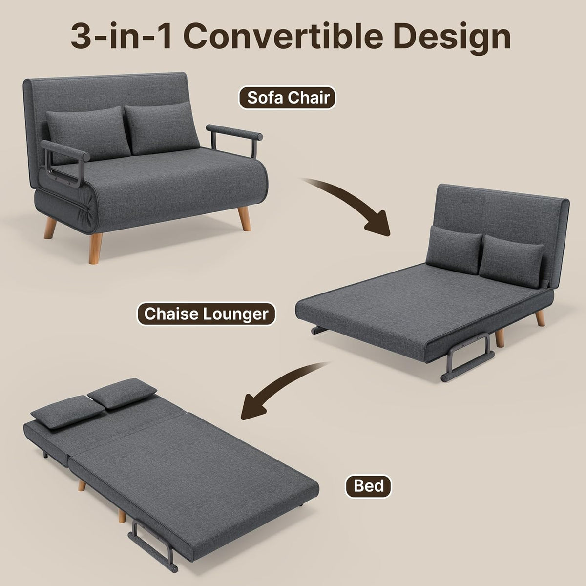 Xbro Canapé Convertible 2 Place, Fauteuil Convertible avec Dossier Réglable en 6 Positions et 2 Coussins, Fauteuil avec Fonction de Sommeil pour Petit Appartement (Gris Foncé)