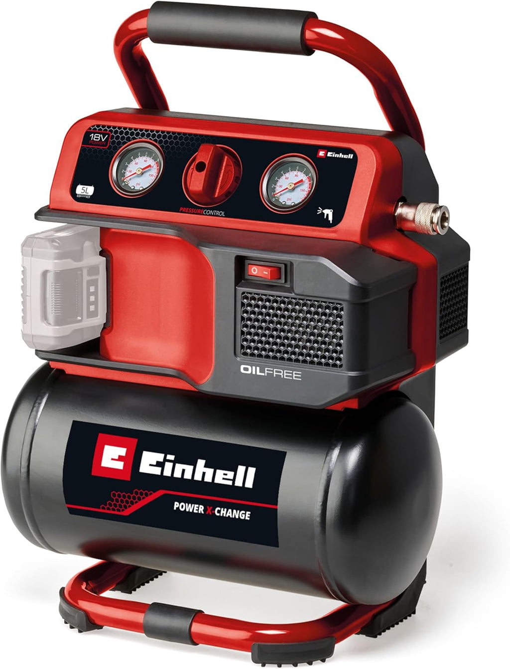 Einhell Compresseur sans fil TE-AC 18/75 Li OF-Solo Power X-Change (18 V, 8 bar max., cuve de 5 l, capacité de pompage de 75 l/min, 2 manomètres, sans lubrification, sans batterie)