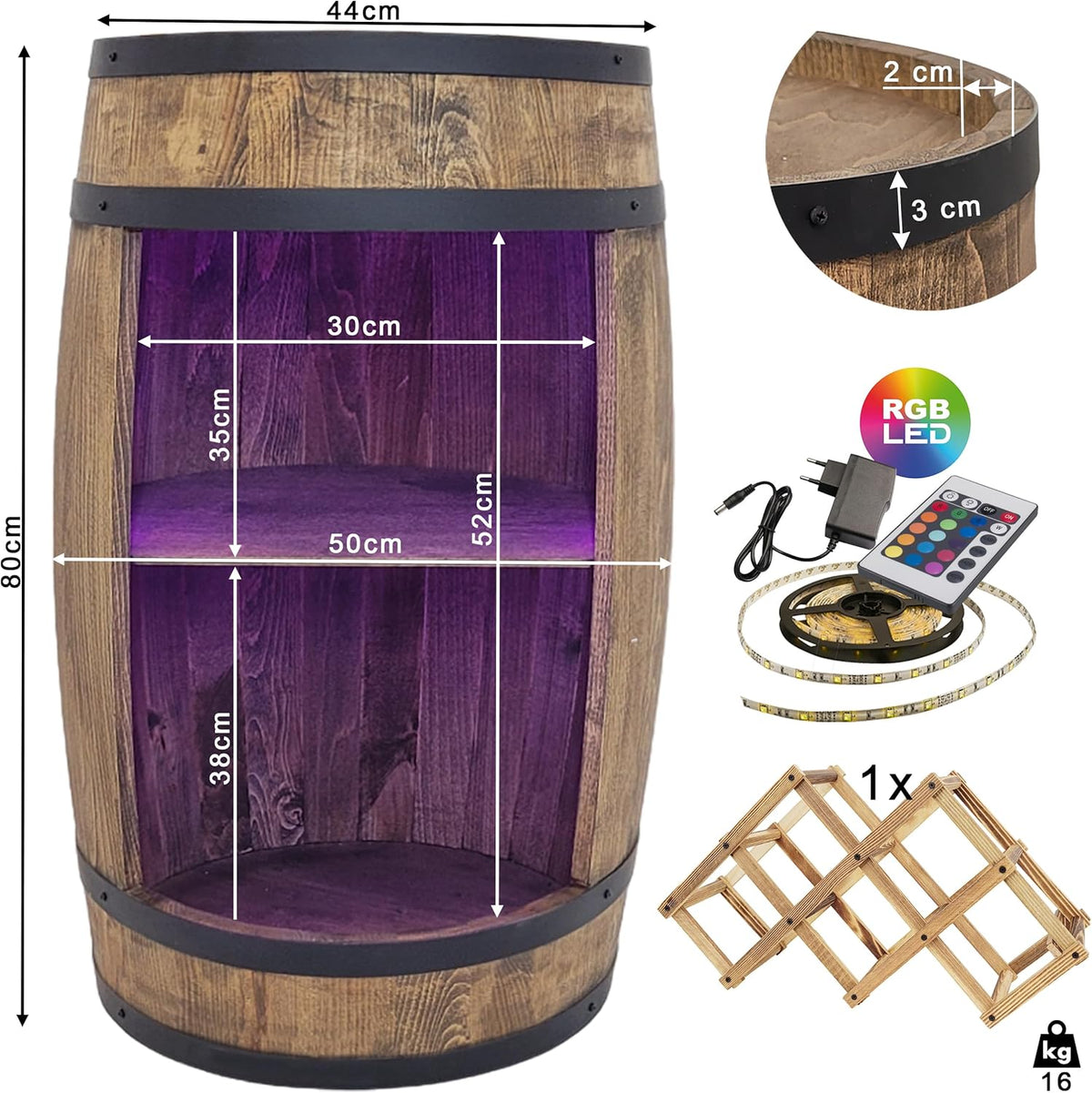 weeco Tonneau Bar en Bois avec Éclairage LED RGB – Casier à Vin avec 2 Étagères et Porte-Bouteilles – Bar Meuble Rustique – 80x50cm – Marron Foncé