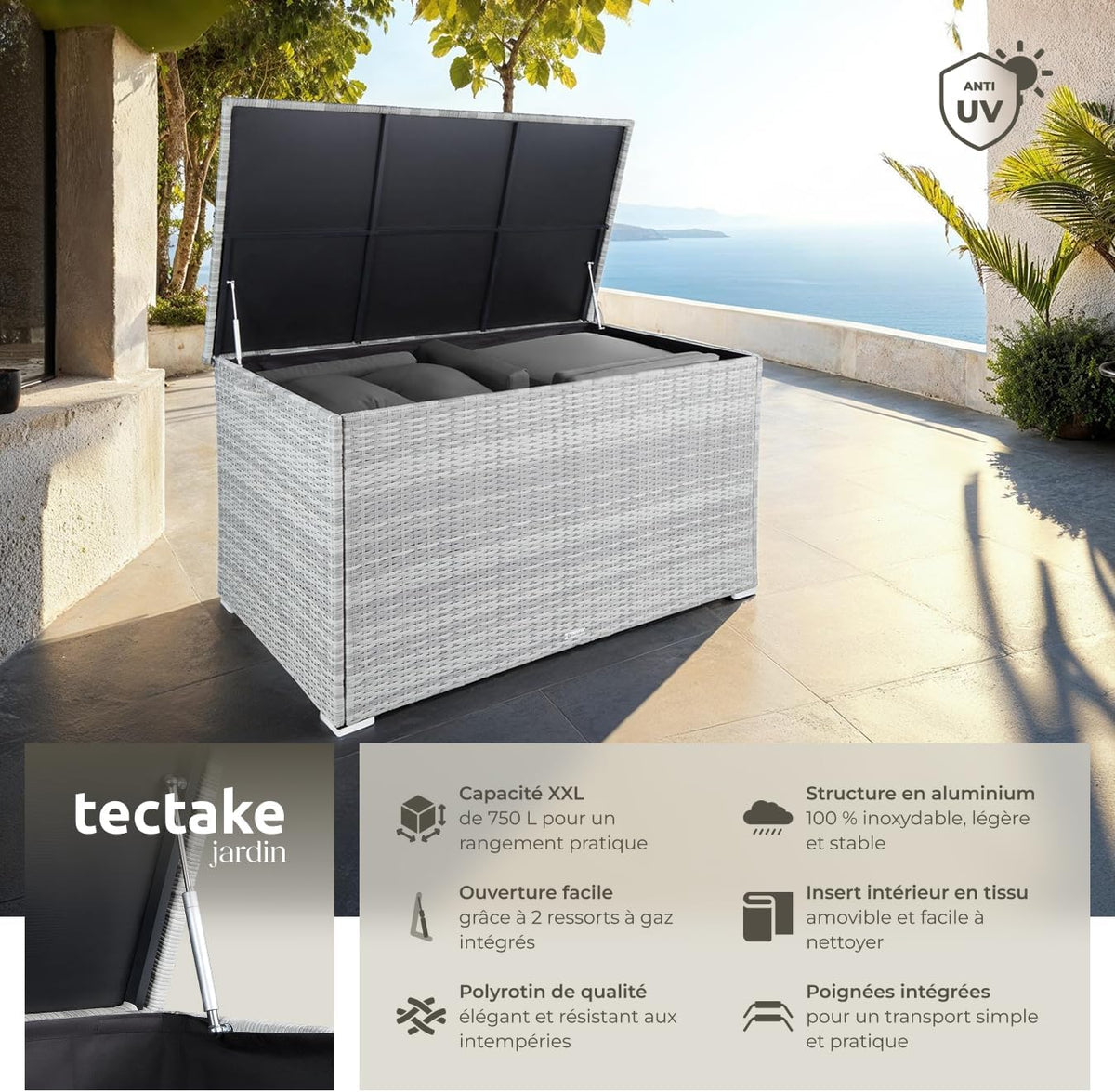 TecTake® Coffre de jardin Exterieur, Coffre à Coussins 750 L en Aluminium Polyrotin 145 x 82,5 x 79,5 cm, Couvercle Rabattable, Poignées pour Rangement des Outils de Jardin, Jouets