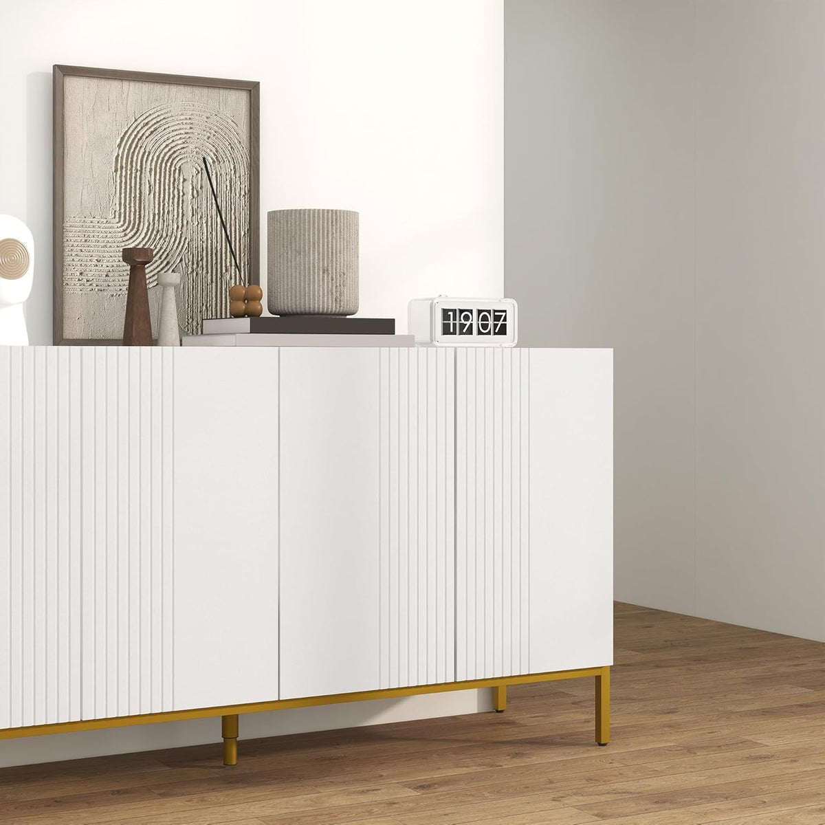 HOMCOM Buffet menuble de Rangement Design Contemporain Graphique 2 placards Porte étagères réglables en Bois Blanc métal doré