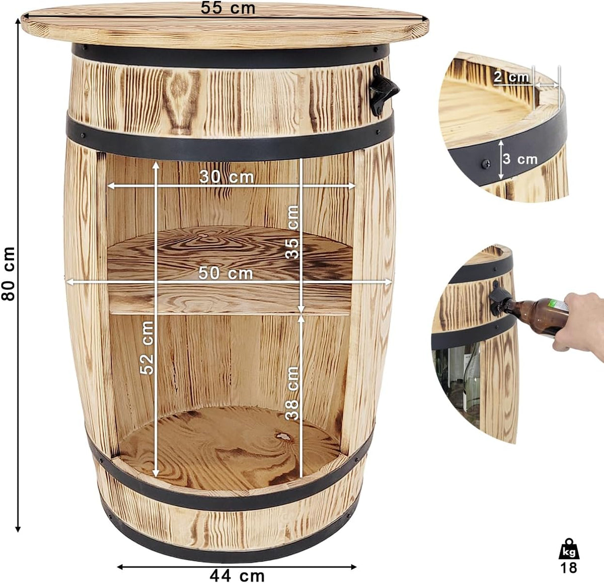 weeco Bar Tonneau en Bois - Meuble Bar avec Plateau et Ouvre-Bouteille - Étagère pour 30-40 Bouteilles - Style Rustique et Vintage - 80x50 cm
